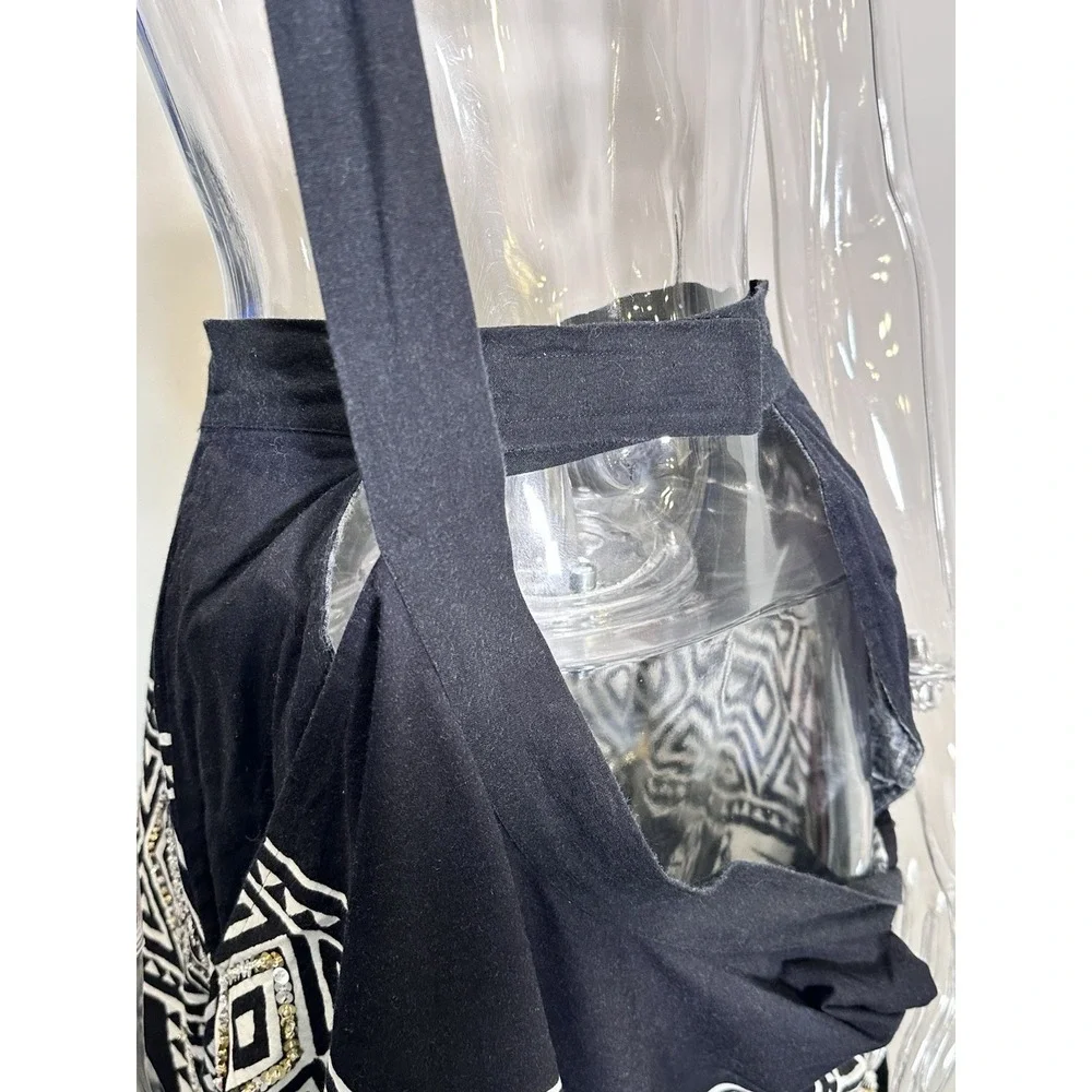 Vintage Cache Circle‎ Skirt Women One Size Black White Sequins Flare Midi Tie On